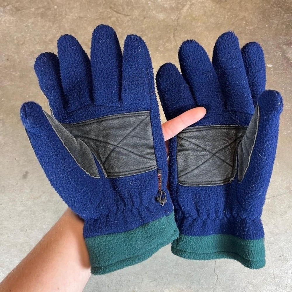 Vintage 90s Blue and green fleece‎ lined head gloves with leather palm